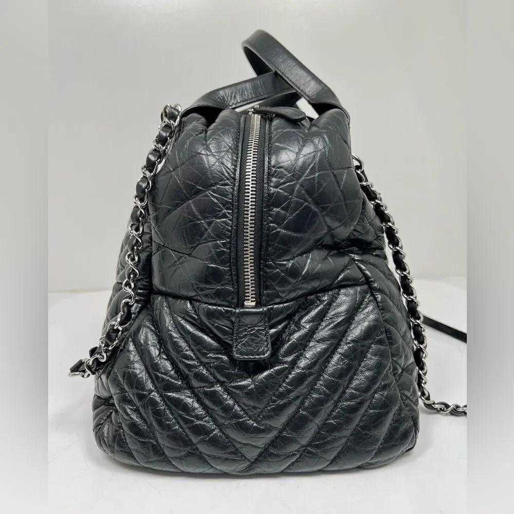 Chanel Soft Bowling Bag Chevron Aged Claf Skin Large Bag